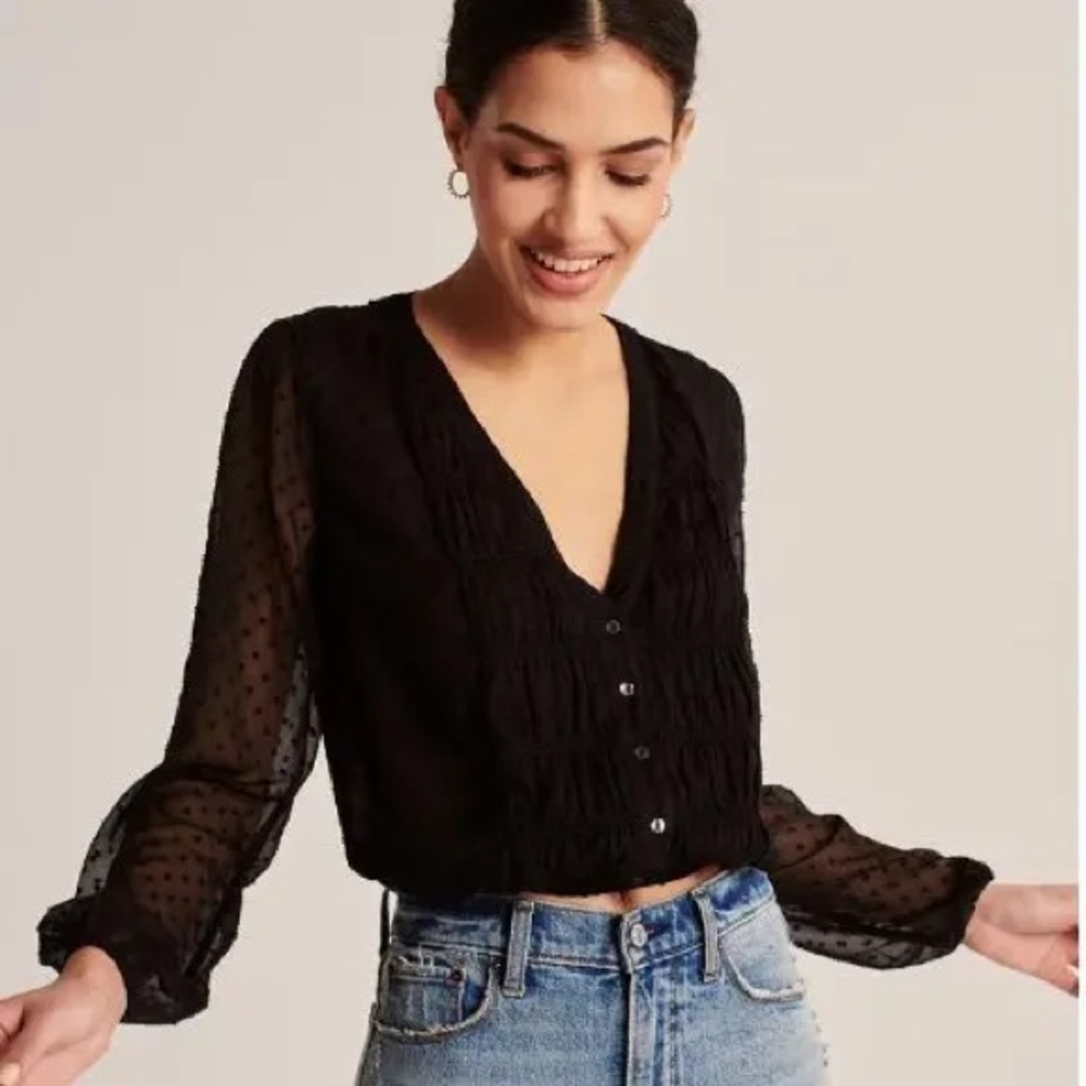 Abercrombie & Fitch Women's Clipdot Chiffon Sheer Blouse Size Small Black